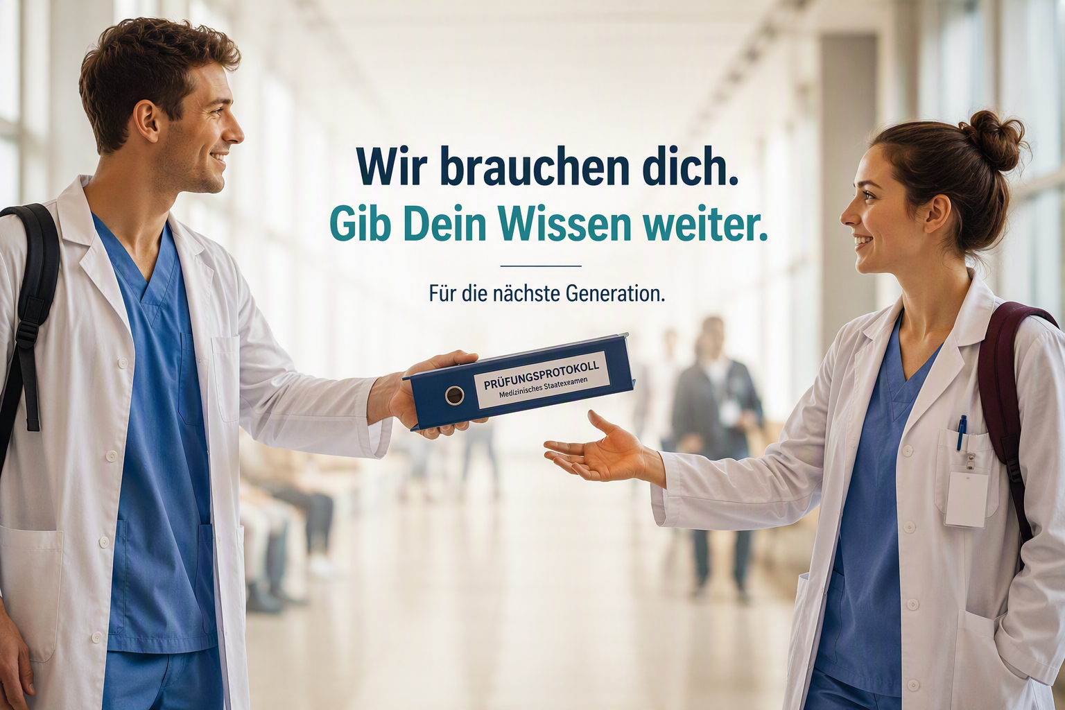 Zwei Medizinstudierende geben ein Prüfungsprotokoll weiter. Bildtext: Wir brauchen dich. Gib Dein Wissen weiter. Für die nächste Generation.